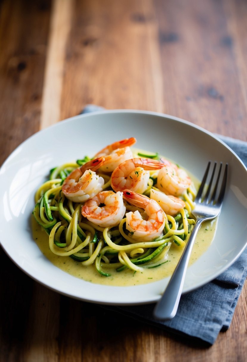 A plate of zoodles and shrimp in a pool of garlic butter sauce, with a fork resting on the side